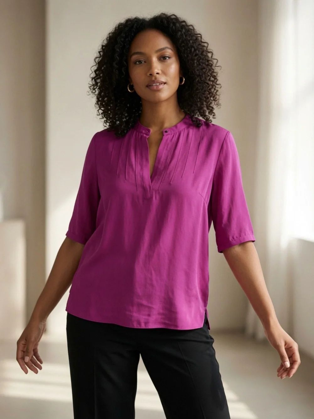 Hugo Boss 100% Silk Blouse Top Magenta Purple Short Sleeve Pleated US 8